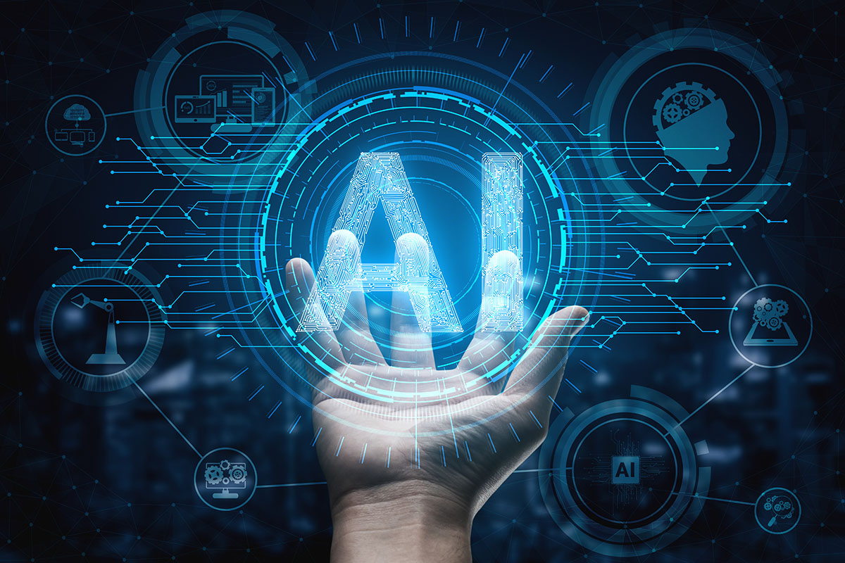 A hand reaching out towards a glowing, holographic "AI" surrounded by various digital icons representing technology and artificial intelligence.